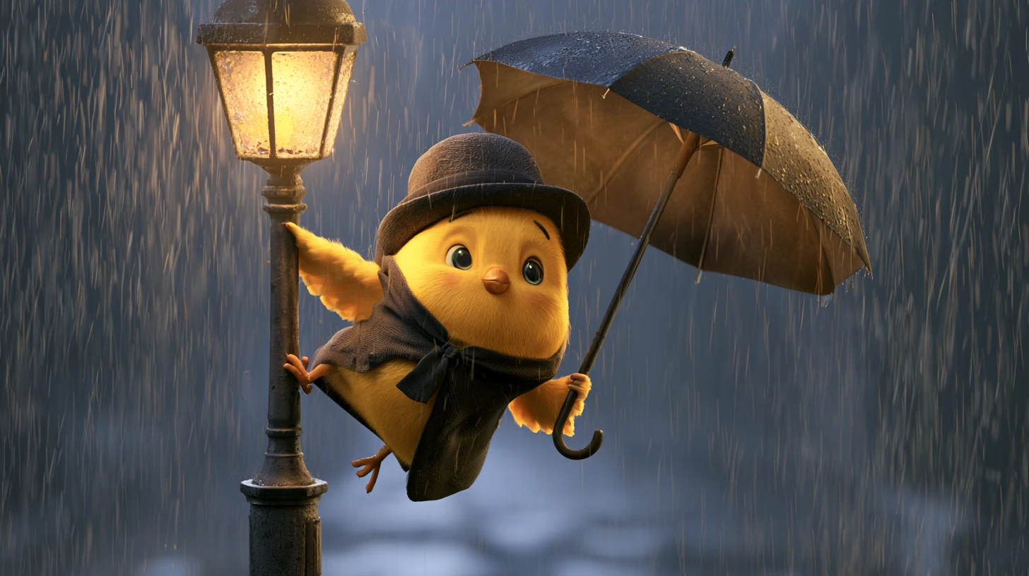 Cheerful Yellow Chick Singing In The Rain On Streetlamp