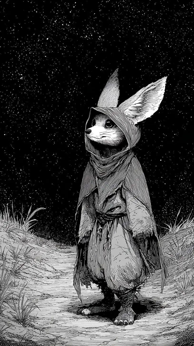 Anthropomorpher Wüstenfuchs-Wanderer auf einsamem Nachtpfad