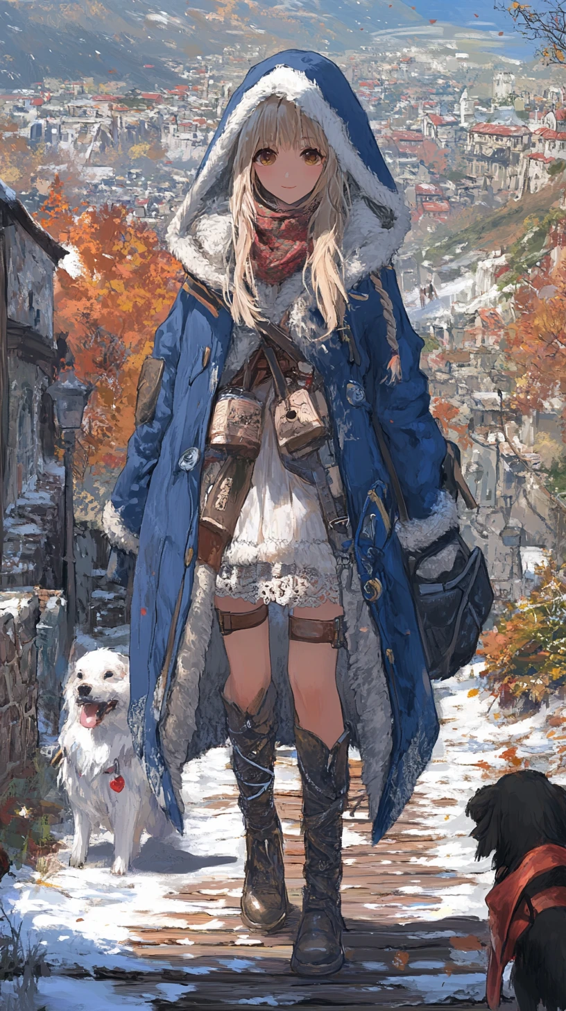 Ominous anime girl in blue coat before chained cave