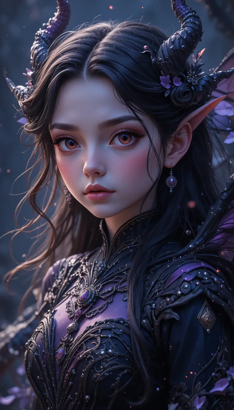 Dark anime demon fairy girl with black wings