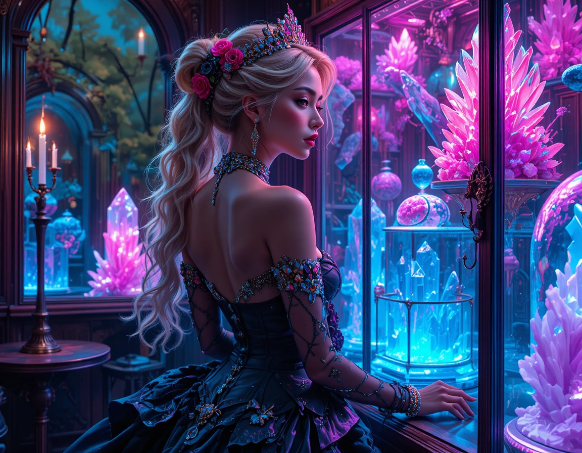 Fantasy-Adlige im barocken Korsett mit Kristallrelikt-Vitrine