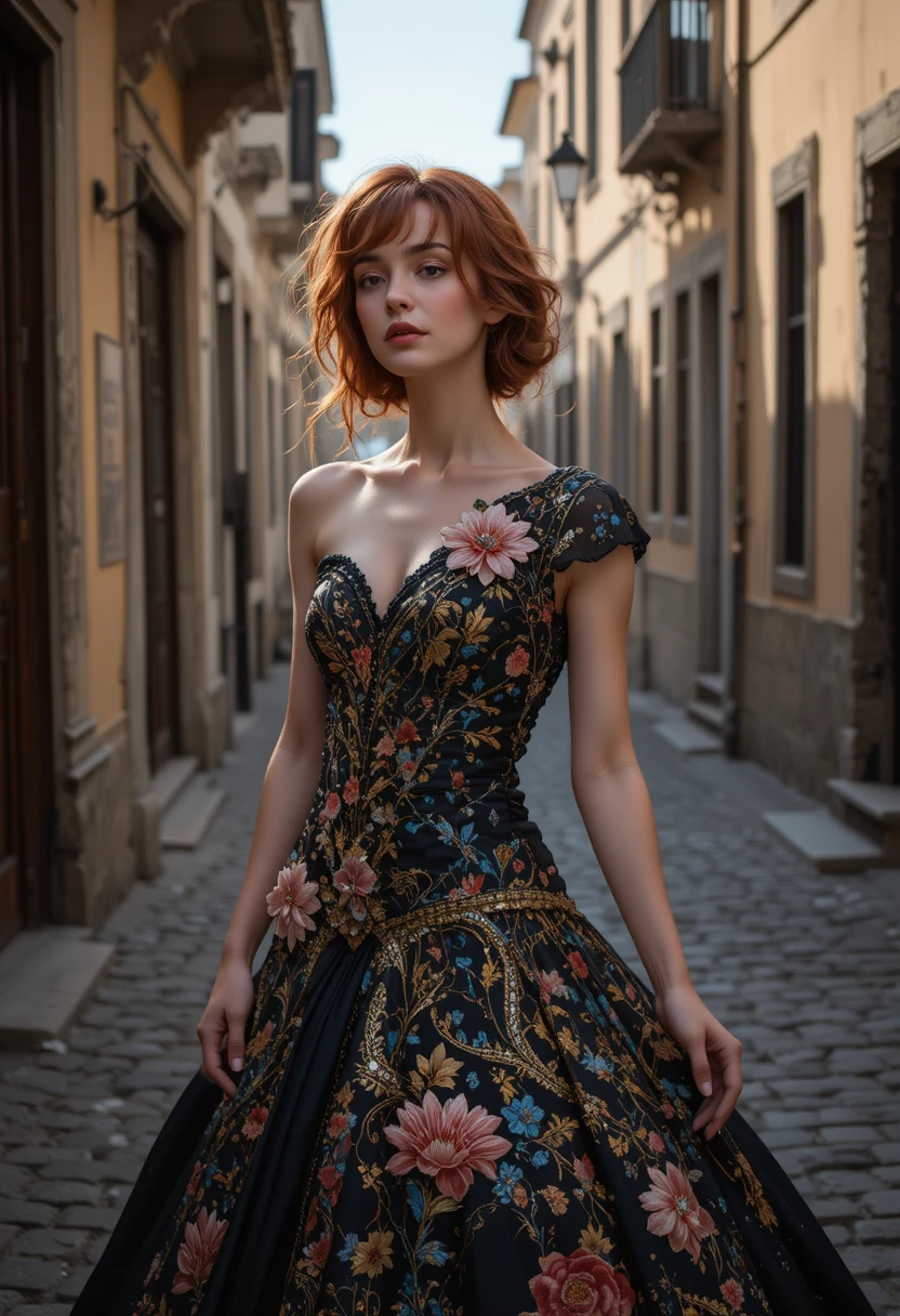 Woman in baroque floral dress on cobblestone street