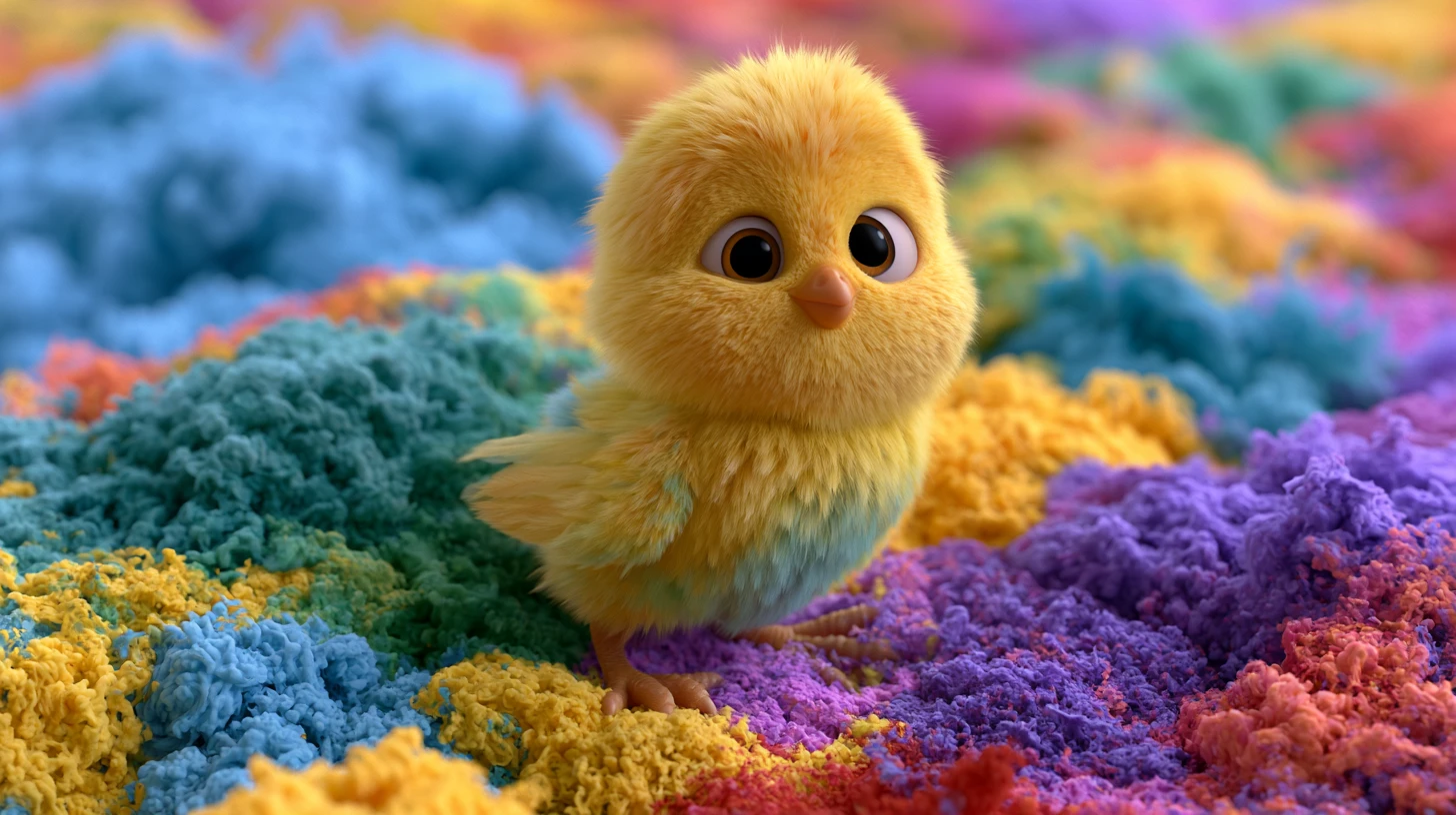 Cute yellow chick surrounded by colorful powder clouds