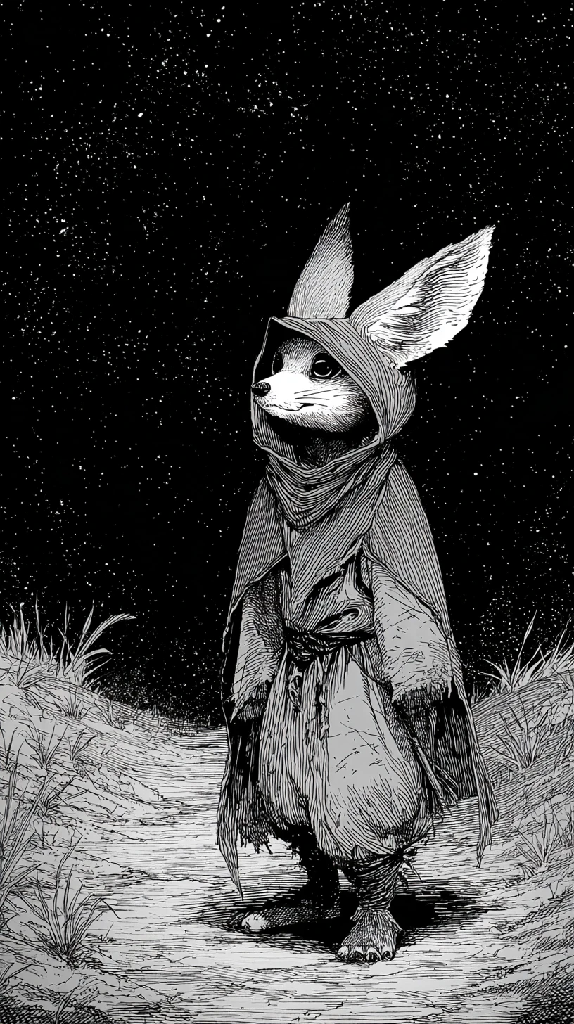 Renard fennec anthropomorphe errant sur un sentier nocturne solitaire