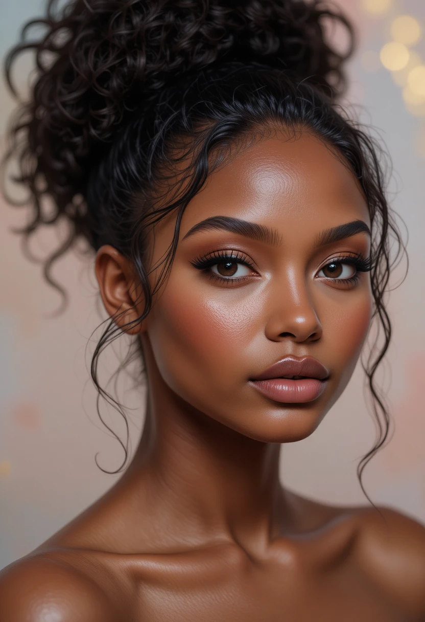 Retrato em close de uma mulher com cabelo cacheado preso