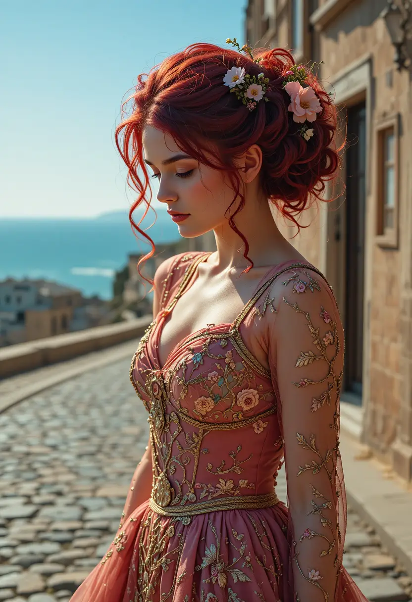 Cinematic woman in baroque dress on cobblestone street