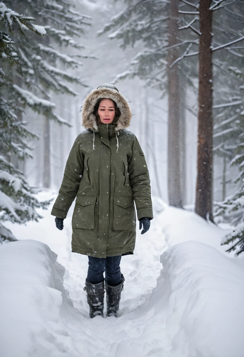 Mulher de parka pesada caminhando por floresta com neve profunda