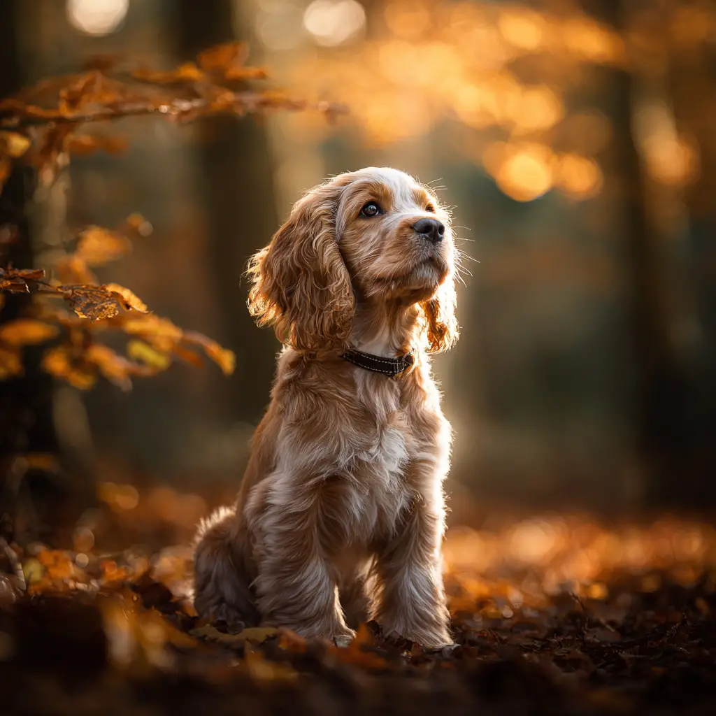 Filhote de cocker spaniel na luz quente da floresta de outono