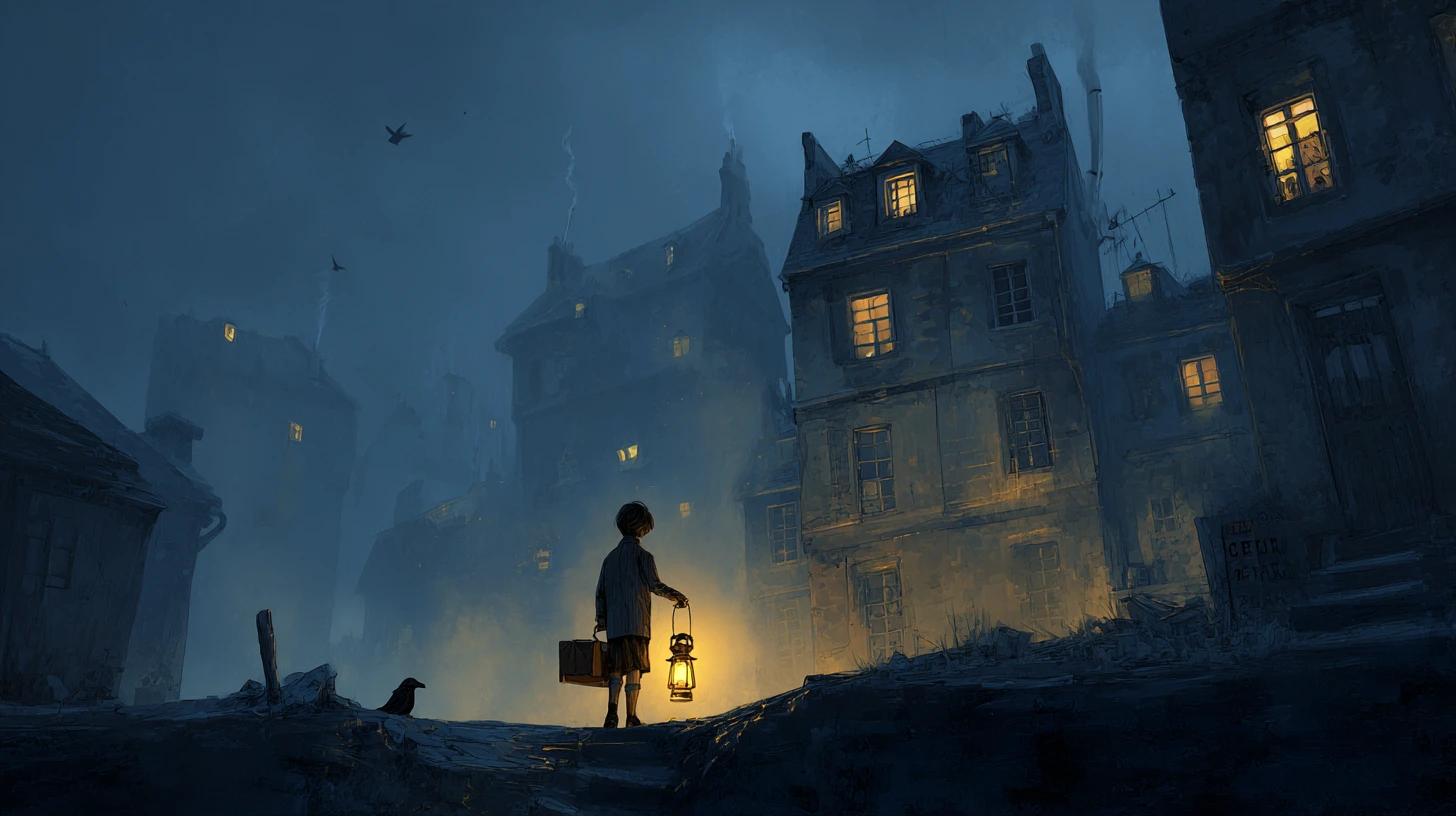 Boy with lantern walking through eerie victorian night street
