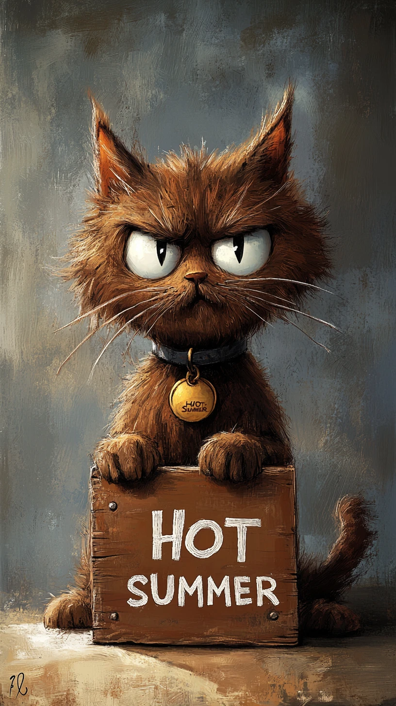 Chat de dessin animé ébouriffé avec panneau en bois HOT en studio
