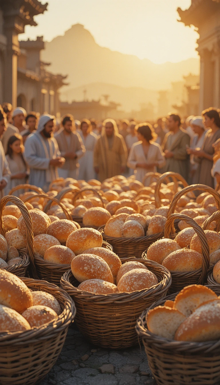 Ceste di Pane Fresco in una Calda Scena ad Acquerello al Tramonto