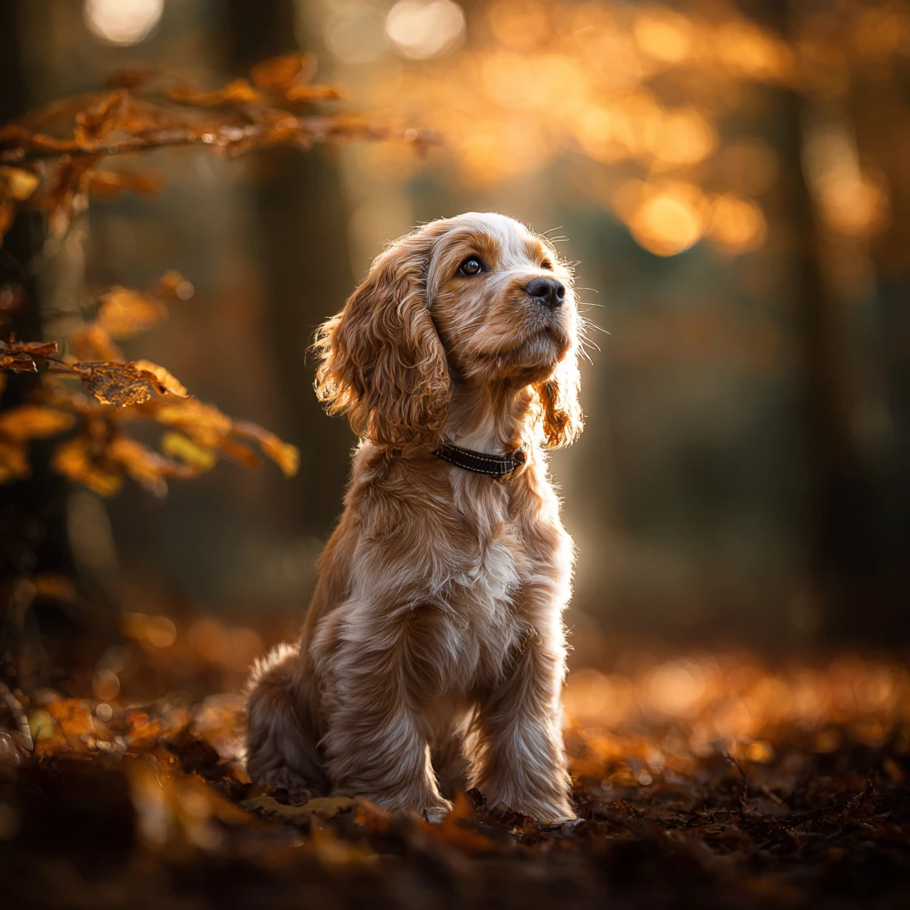 Filhote de cocker spaniel na luz quente da floresta de outono