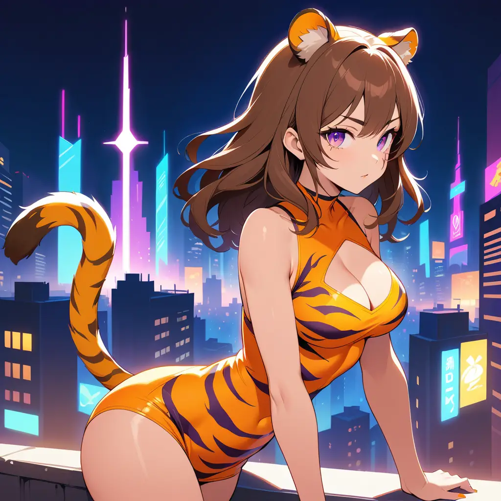 Donna con orecchie di tigre in outfit al neon nella città notturna