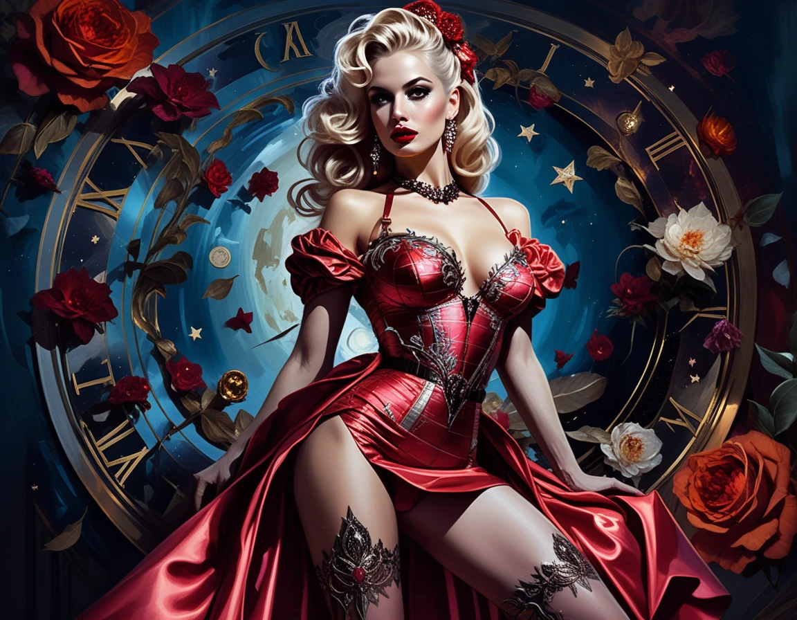 Femme pin-up blonde en robe et escarpins à talons aiguilles