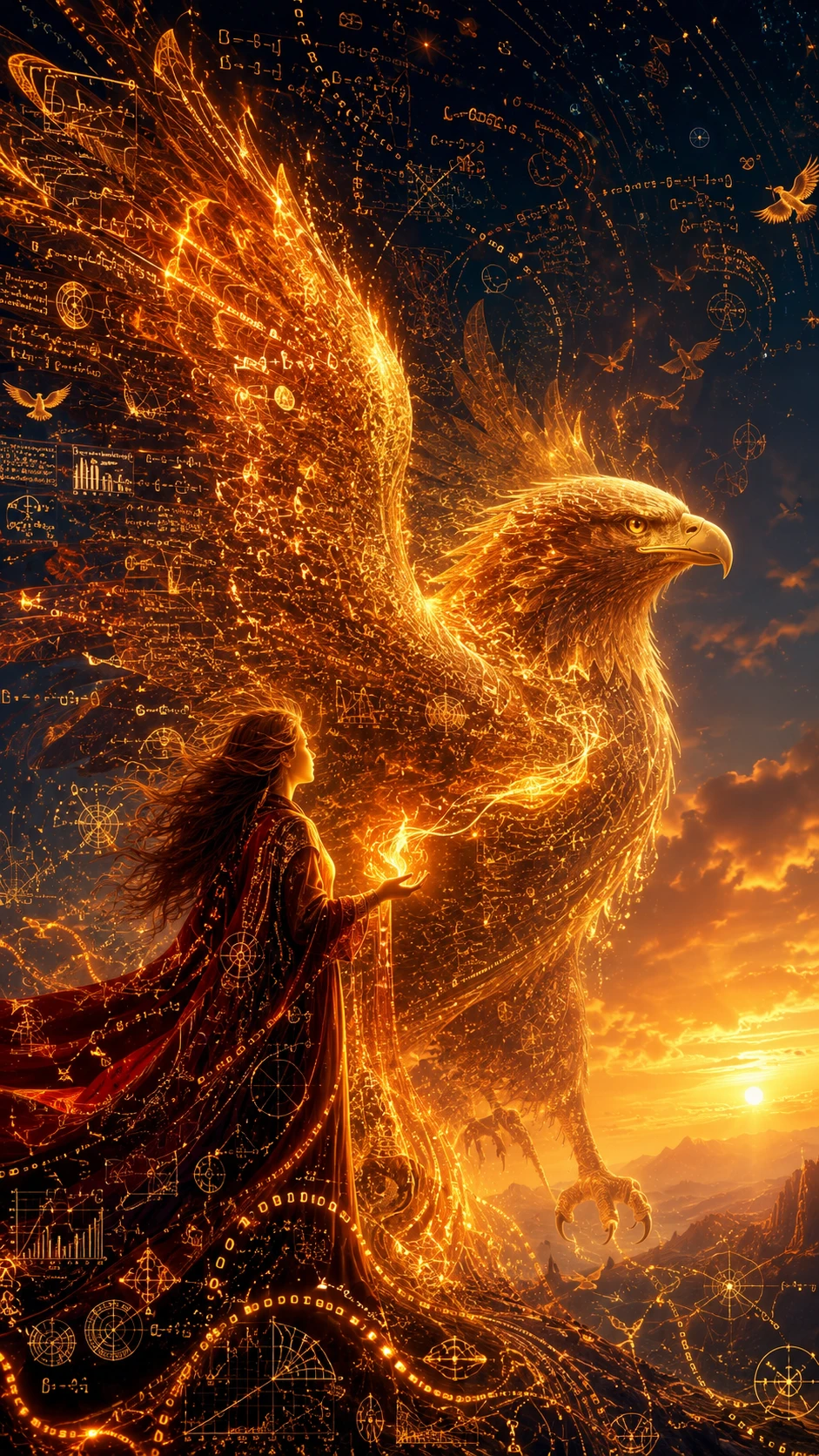 Feuermagier mit goldenem Datenadler im Sonnenaufgang