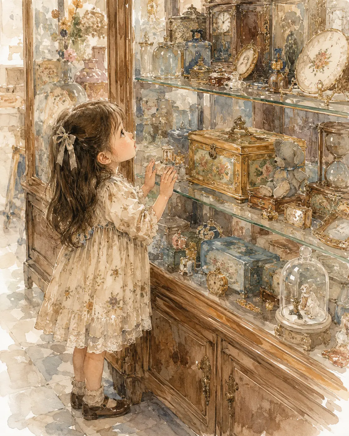 Kleines Mädchen vom Vintage-Kuriositätenkabinett in Aquarell fasziniert