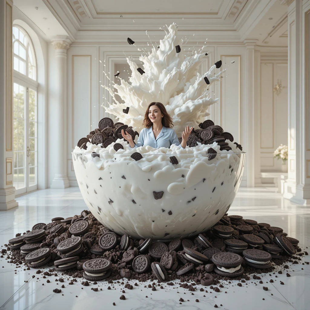 Mulher correndo em direção a gigantesca sobremesa de Oreo em sala de estar iluminada