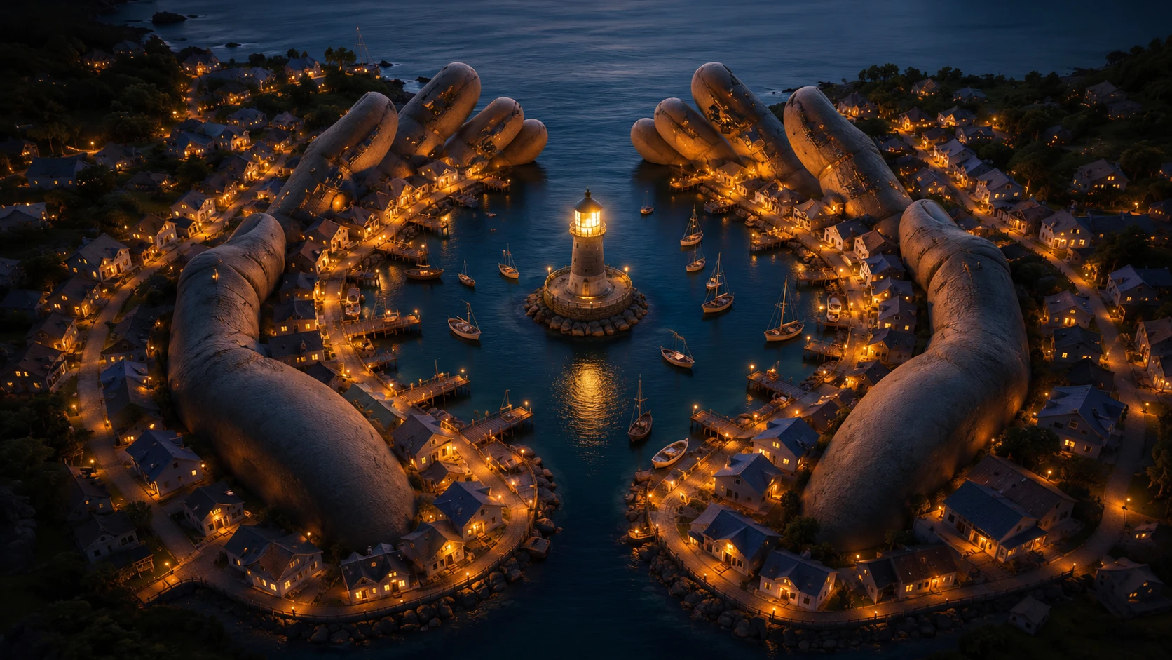 Peaceful coastal village harbor forming protective hands at dusk