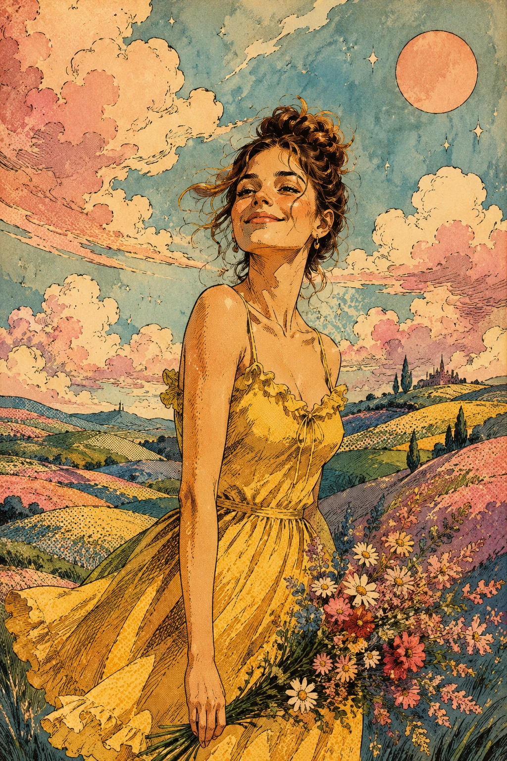 Jeune fille souriante dans un rêve surréaliste de bande dessinée vintage