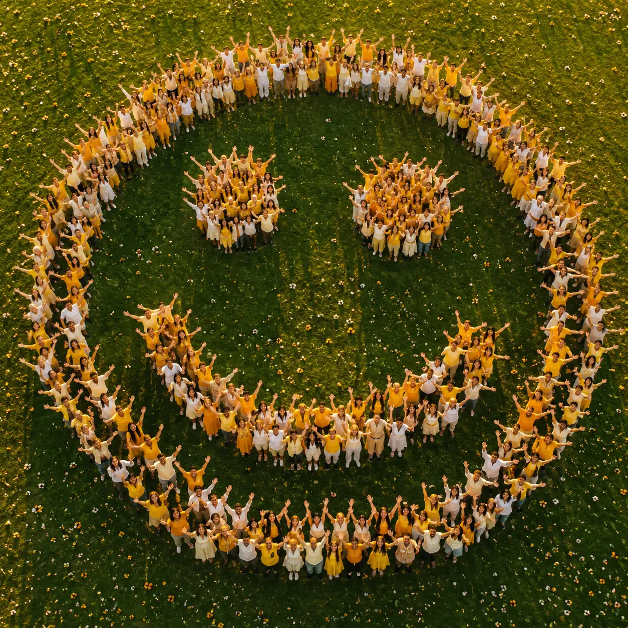 Aerial crowd forming a giant smiley on green lawn