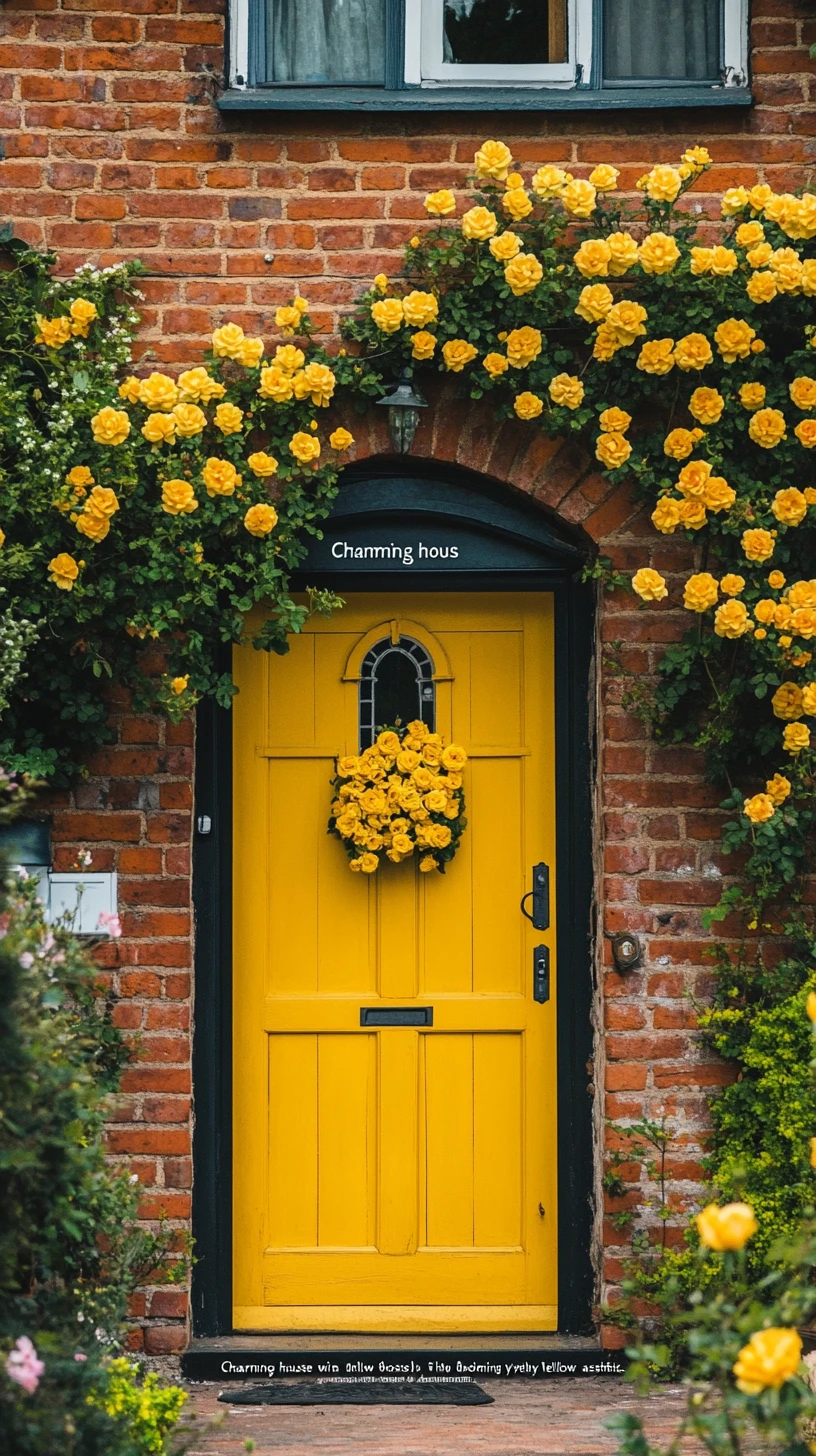Charmosa casa de campo com porta amarela e rosas floridas
