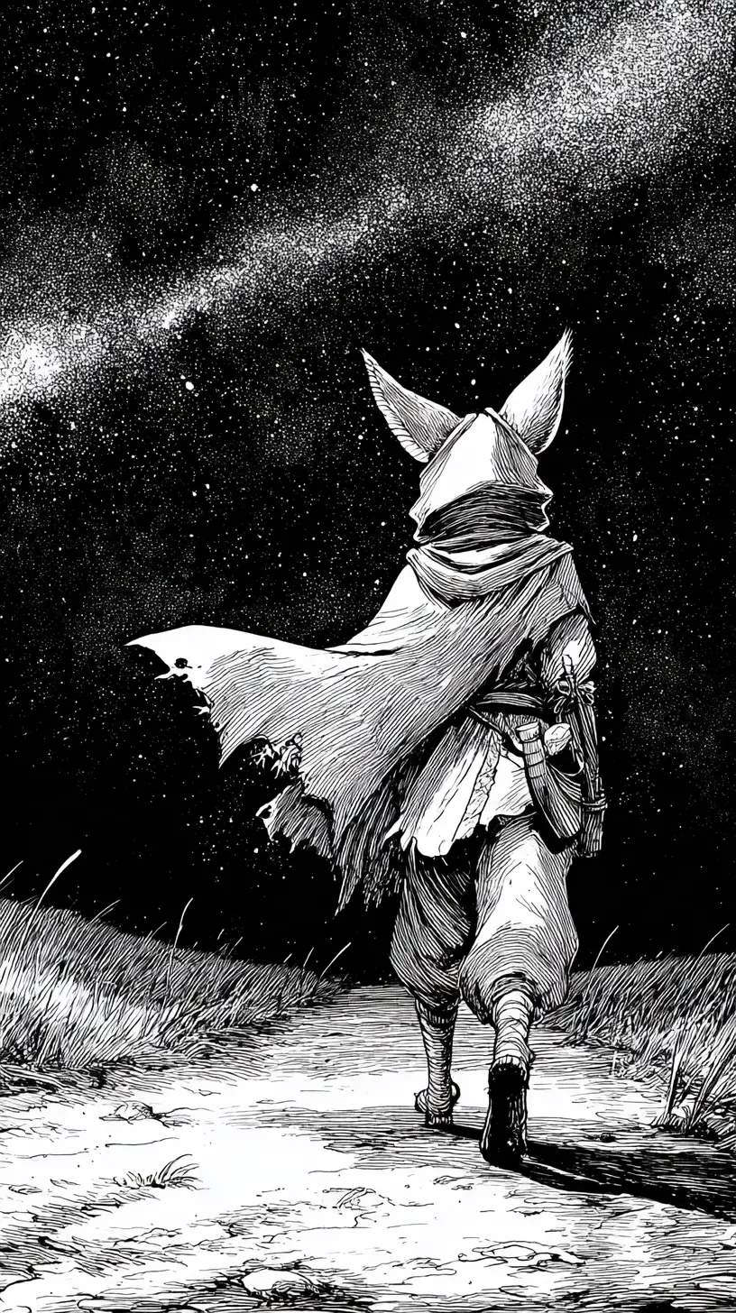 Anthropomorpher Fennek-Wanderer unter einem sternklaren Nachthimmel