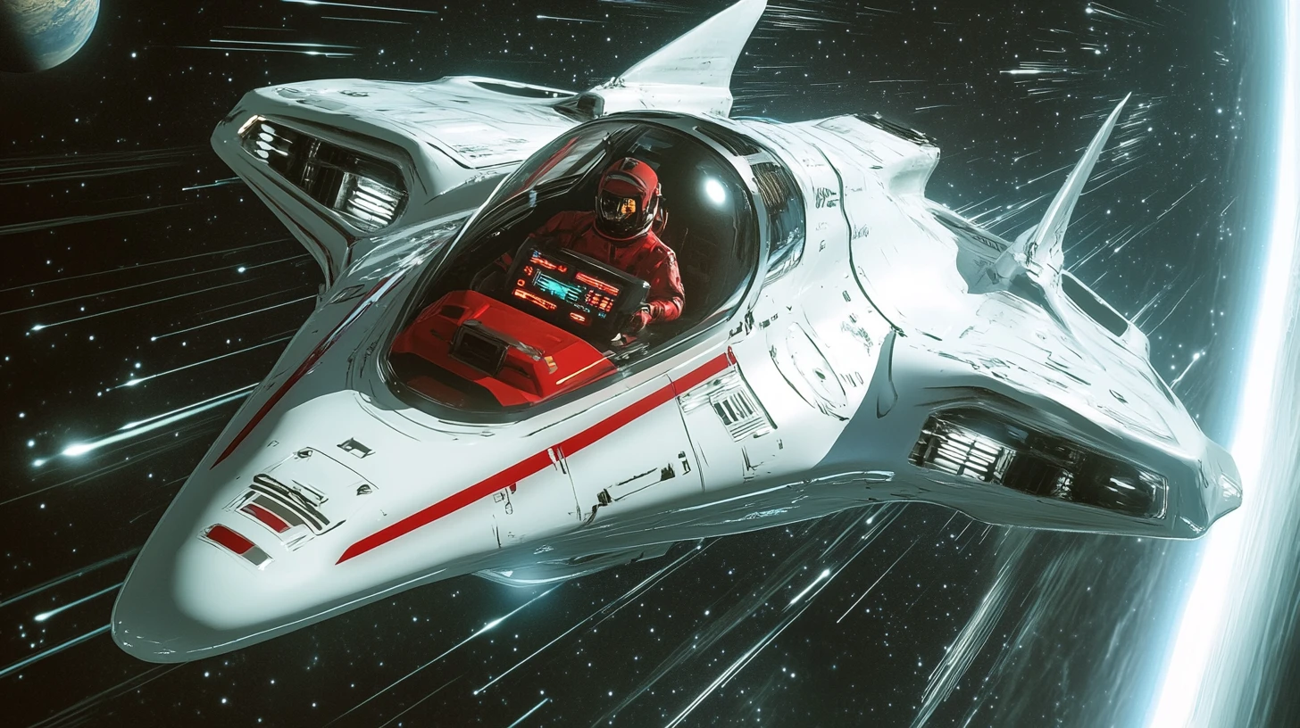 Futuristisches weißes Raumschiff rast durch den fernen Weltraum