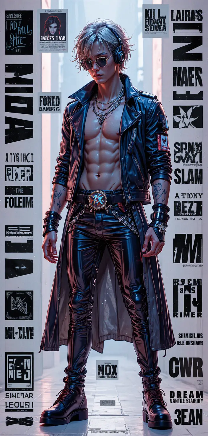 Gothic-Männermodel im futuristischen Anime-Modeposter