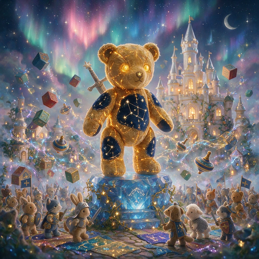 Orsetto di peluche eroico guardiano su un piedistallo di cristallo luminoso