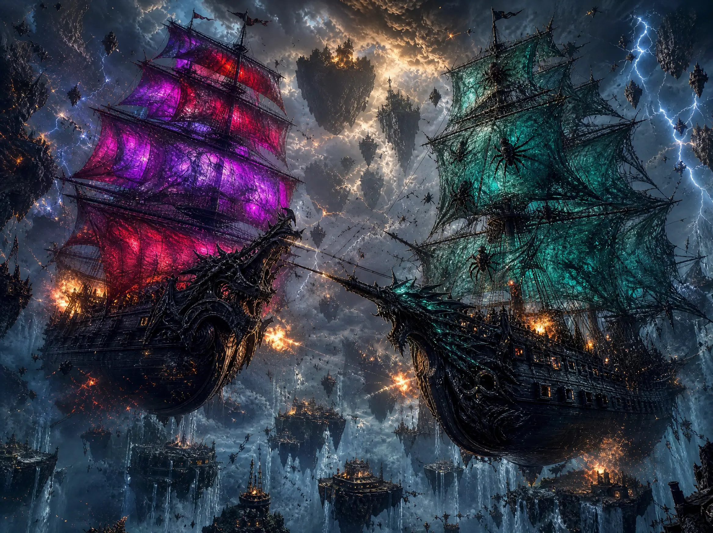 Colossal flying pirate ships battling above floating islands