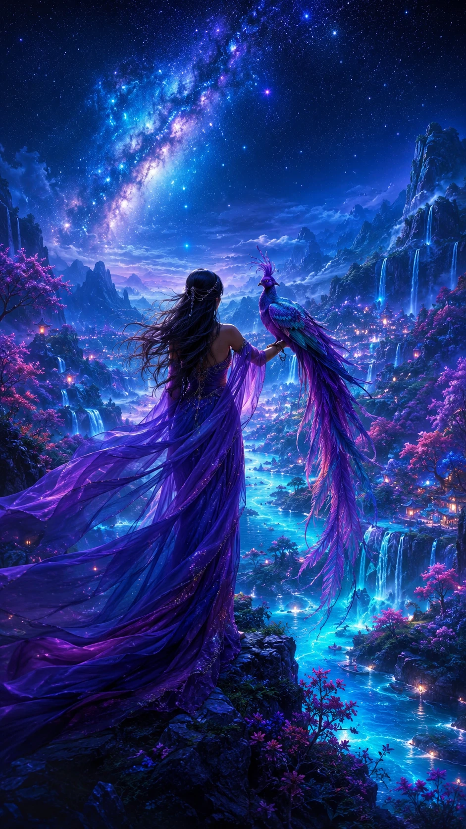 Mulher com pássaro místico observando um vale iluminado à noite