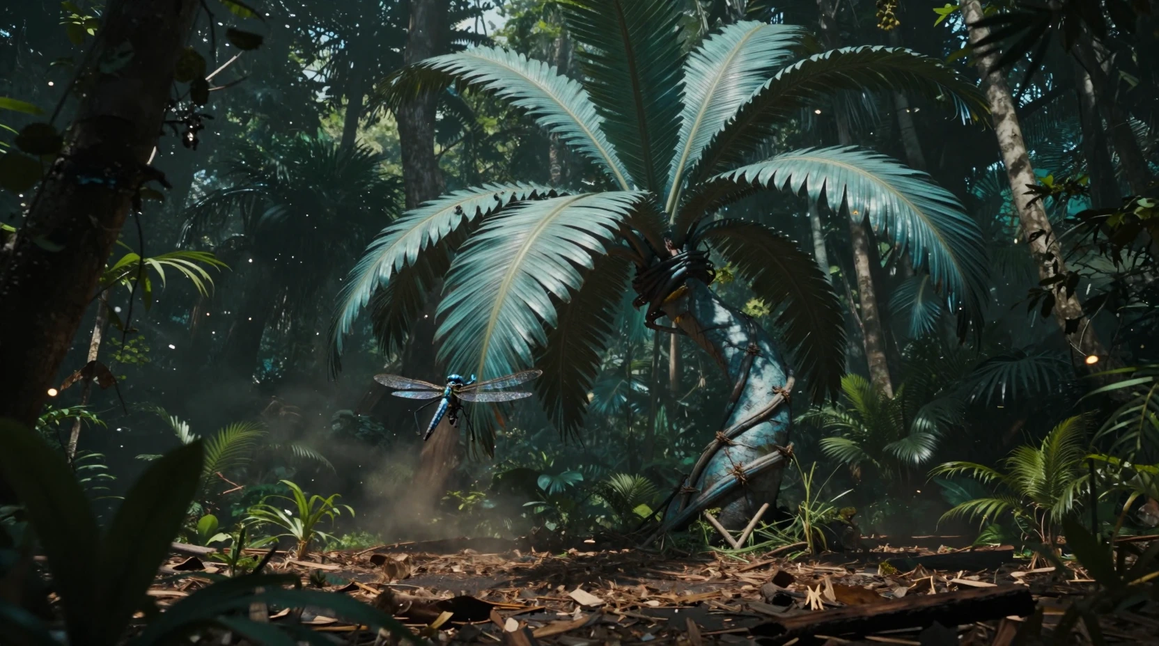 Mutant palm tree trapping a drone in dark rainforest