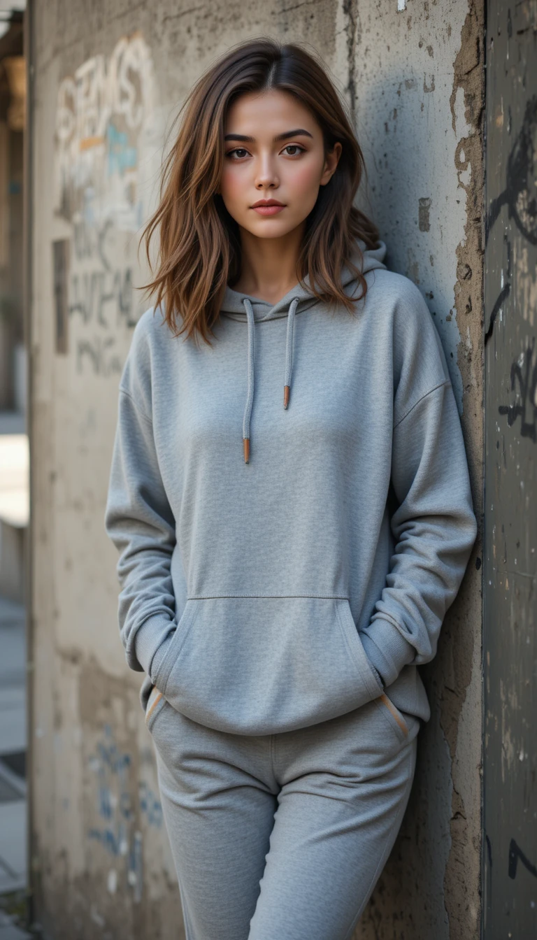 Mulher jovem de streetwear cinza encostada em parede urbana