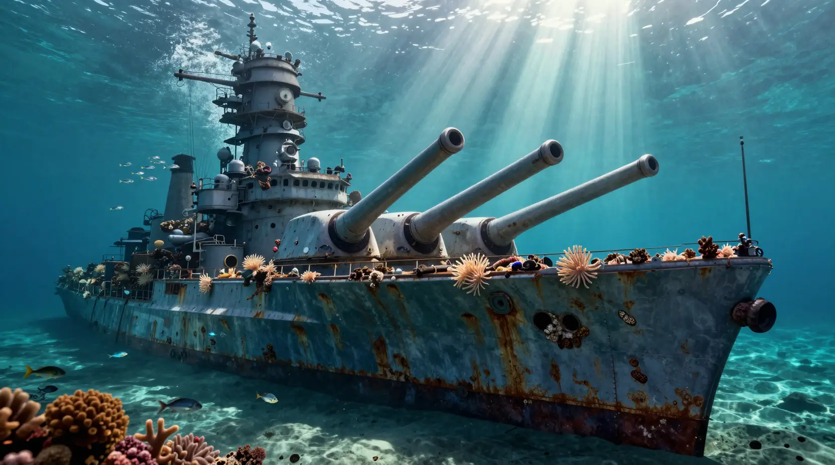 Sunlit underwater battleship wreck on the sandy ocean floor