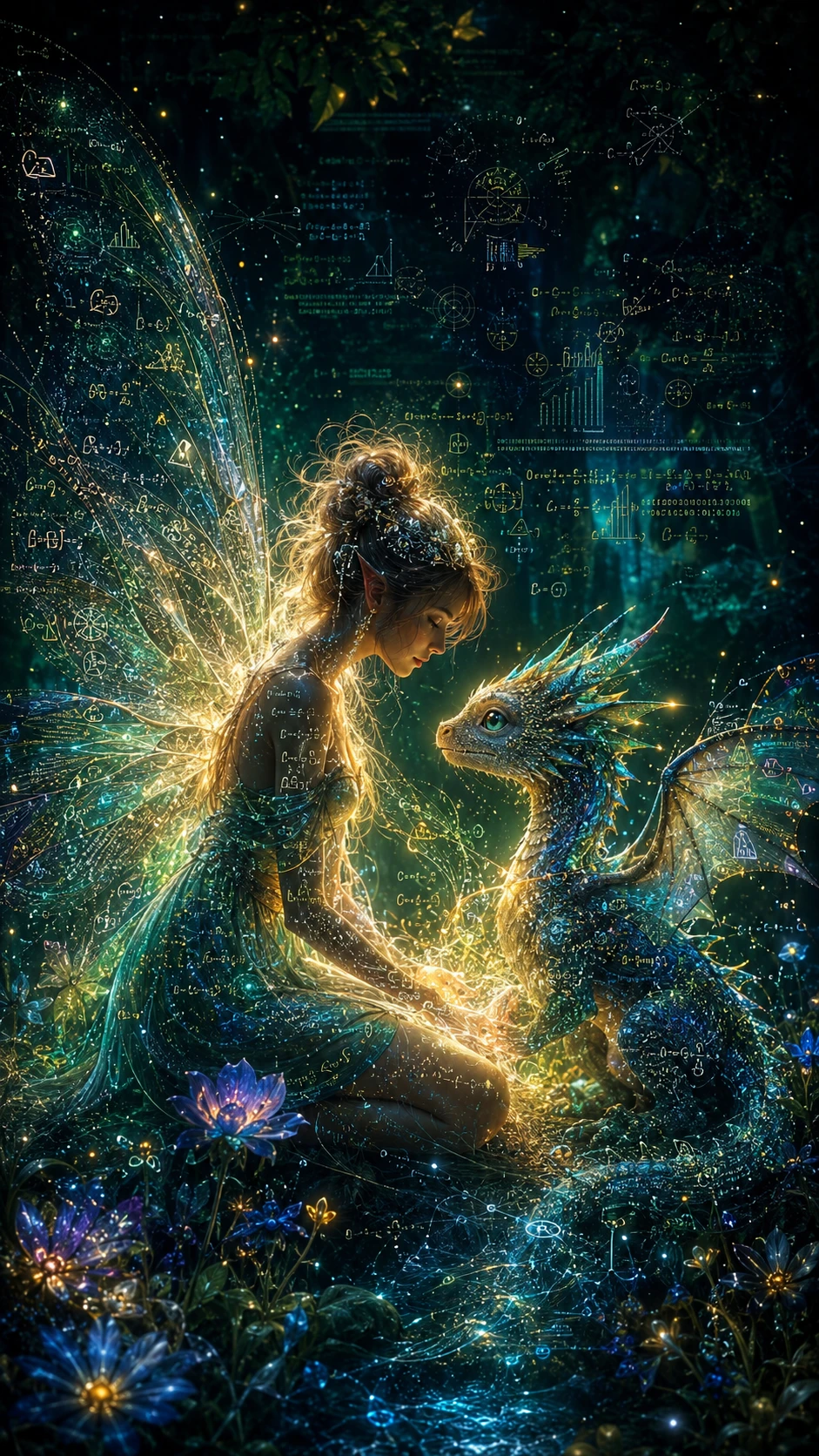 Woodland fairy with baby dragon woven from glowing data