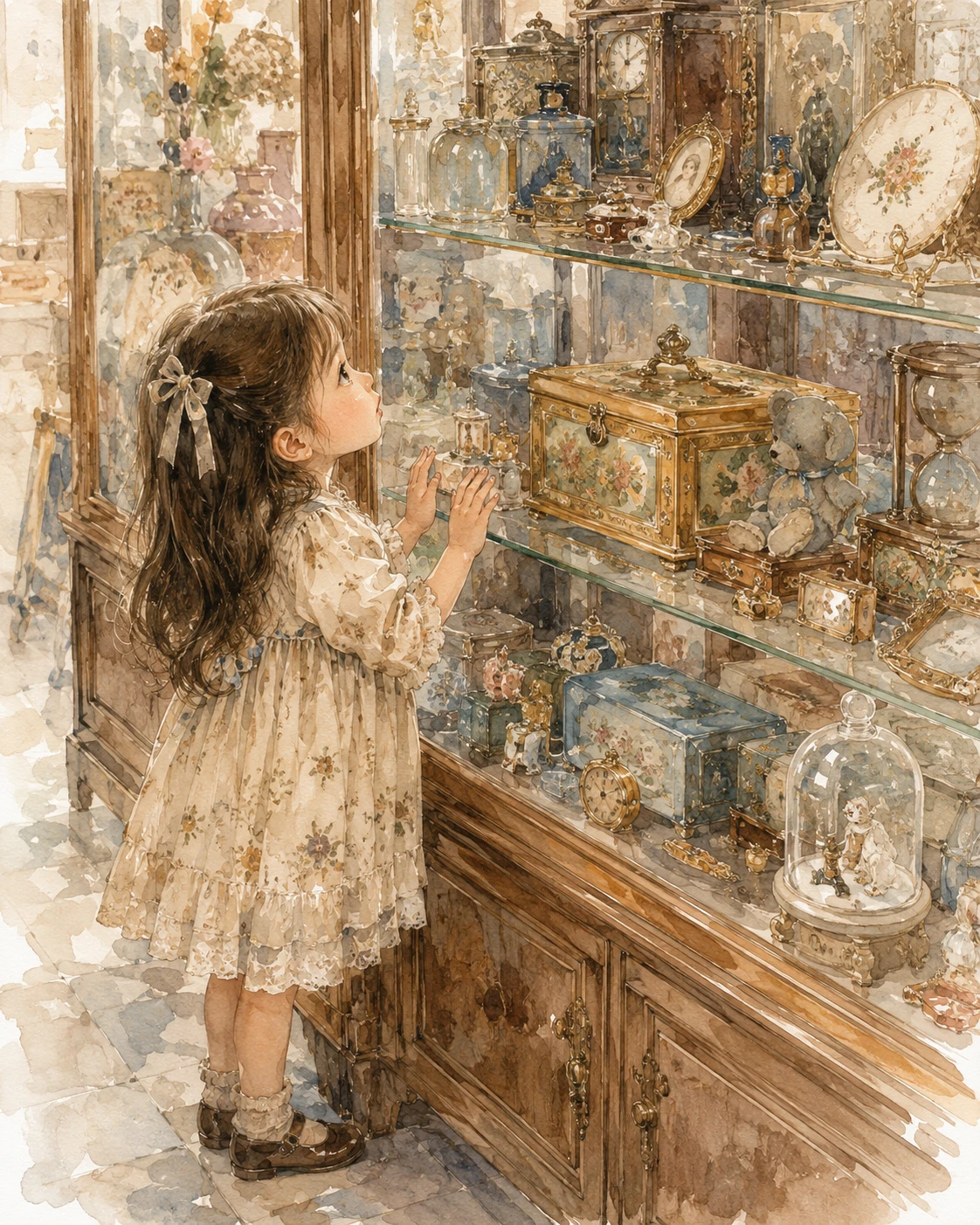 Menina hipnotizada por vitrine vintage em aquarela