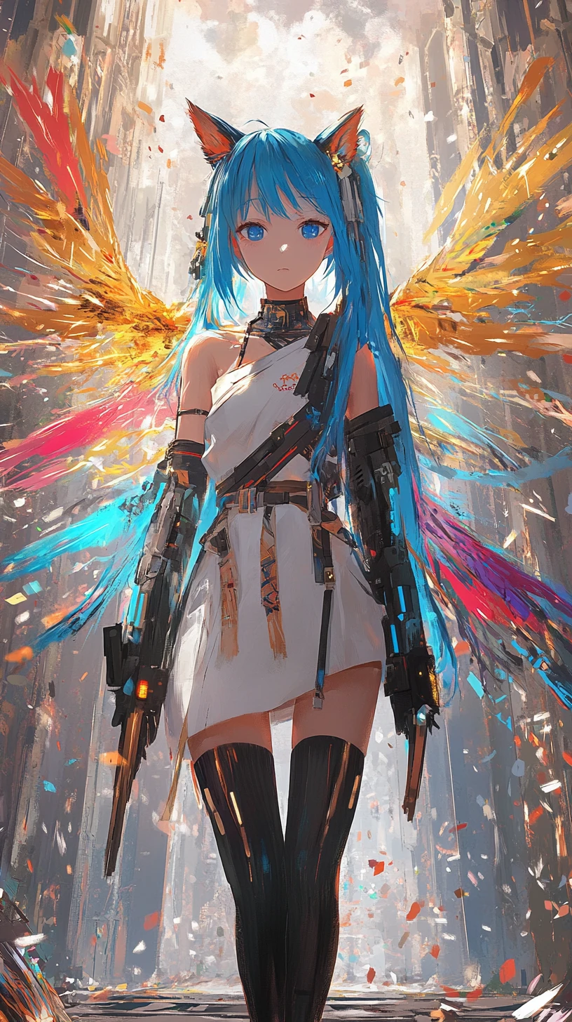 Ragazza anime dai capelli blu in outfit futuristico con frecce