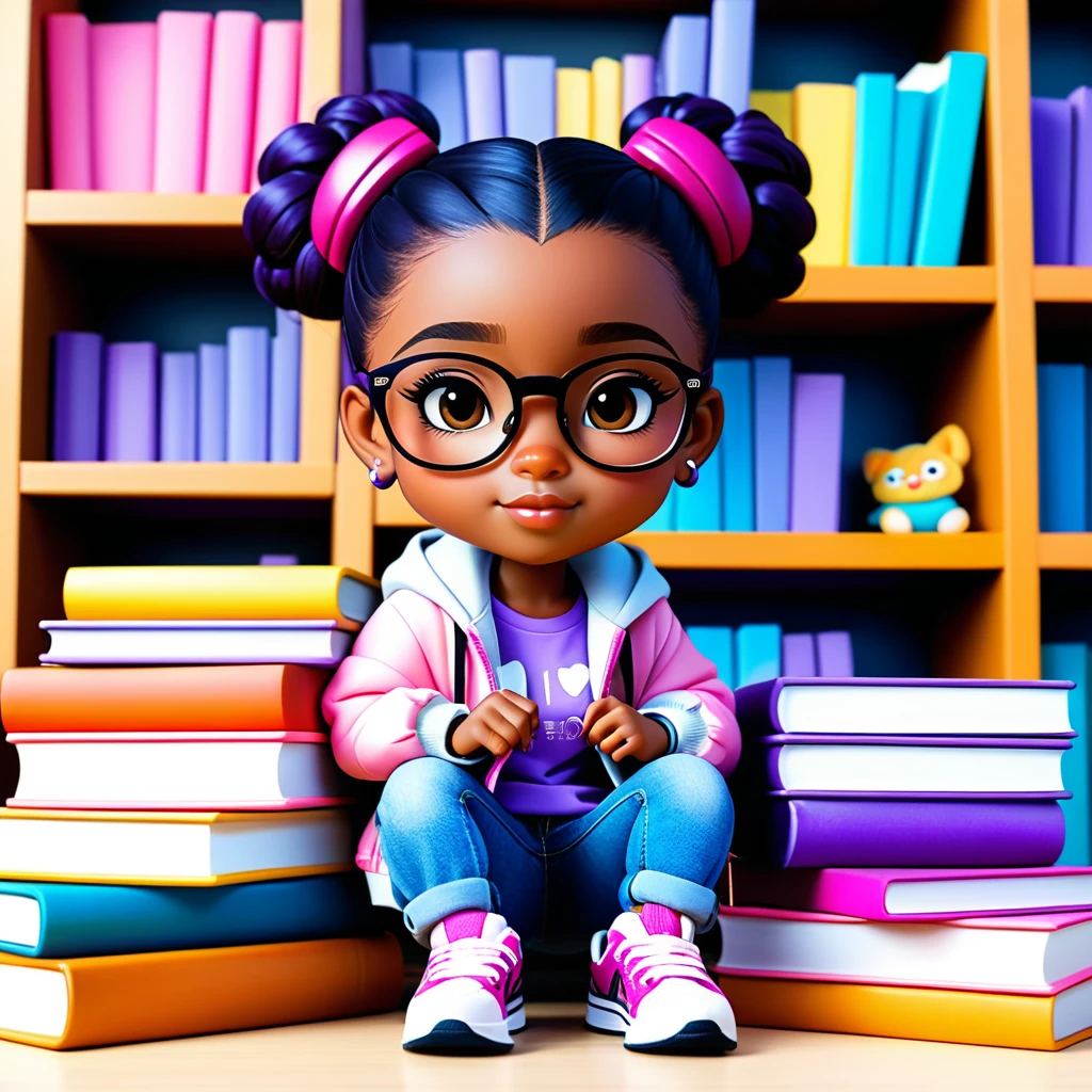 Ragazza chibi con gli occhiali che legge accanto a pile di libri