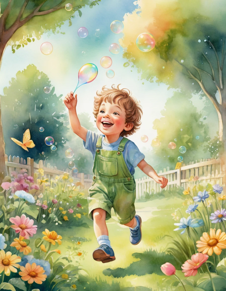Menino soprando bolhas em um jardim ensolarado em aquarela