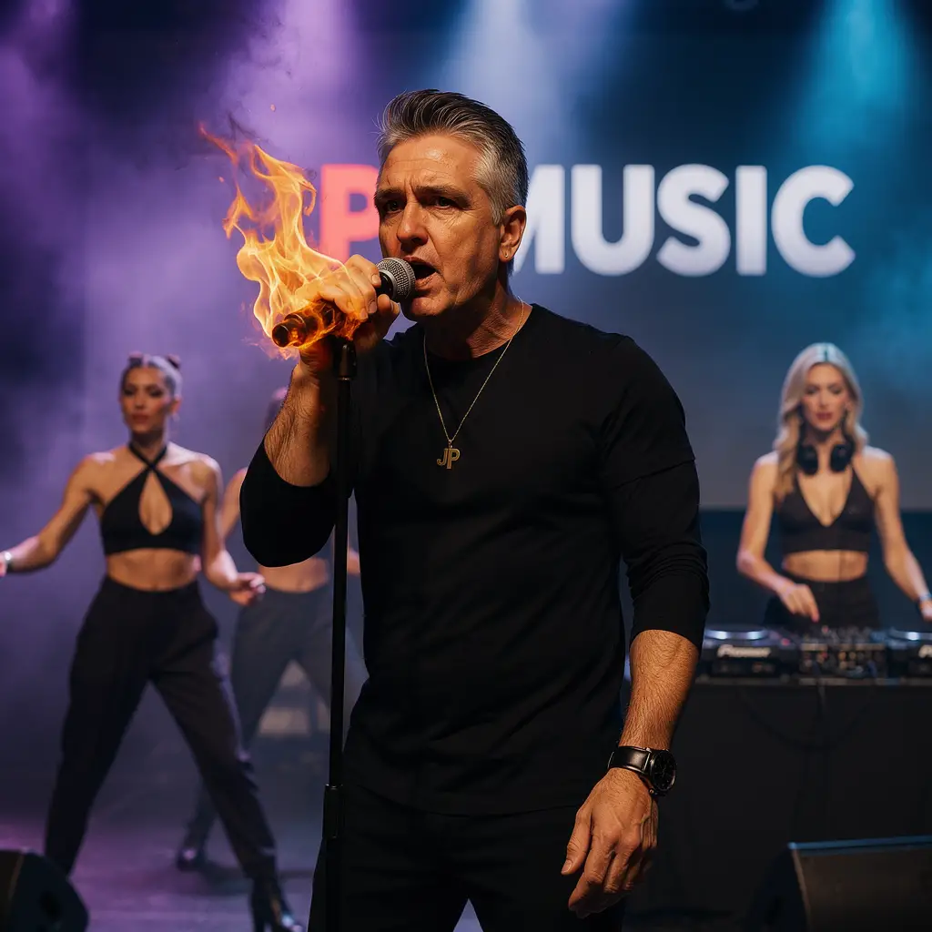 Singer performing powerfully on stage with fiery microphone