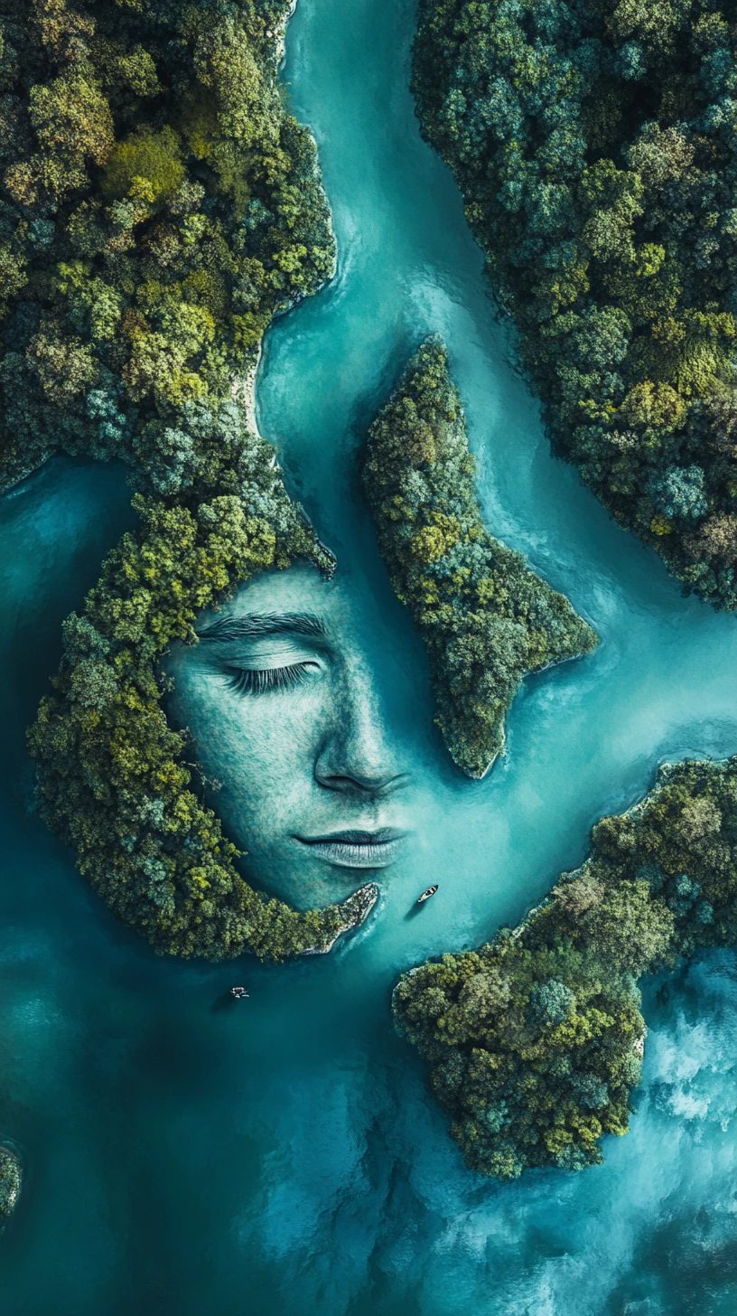 Rio Aéreo Surreal Transformando-se em Rosto Humano