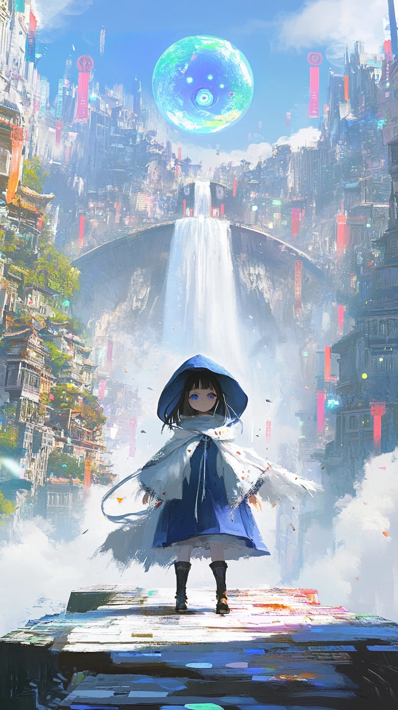 藍色大衣的動漫少女站在像素奇幻城市前