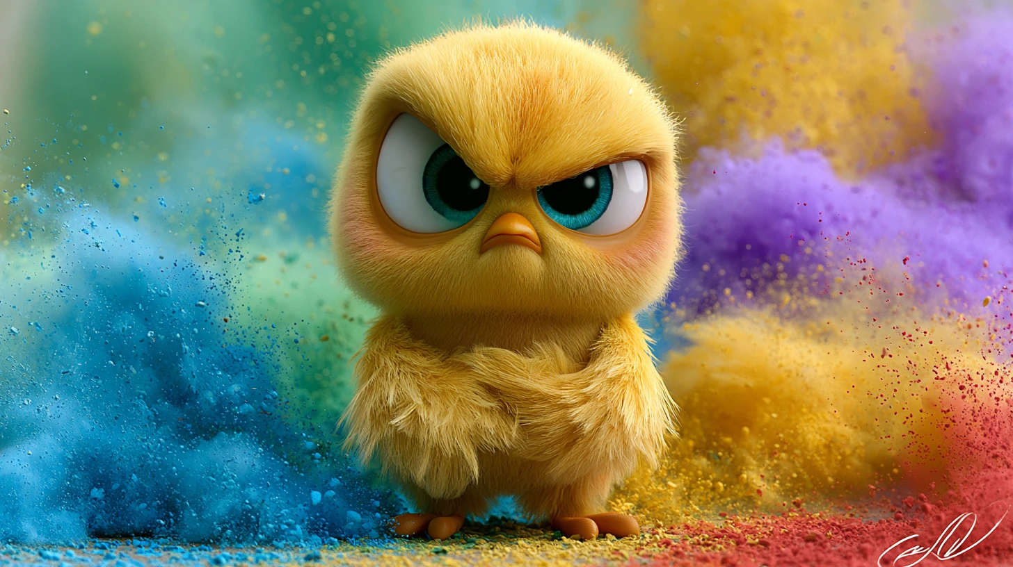 Angry Yellow Chick Surrounded By Colorful Powder Bursts