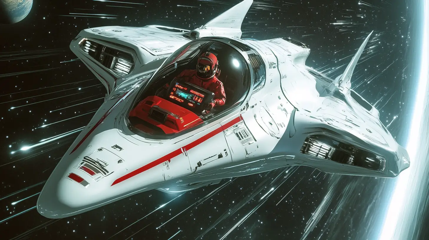 Futuristic White Spaceship Racing Through Distant Outer Space