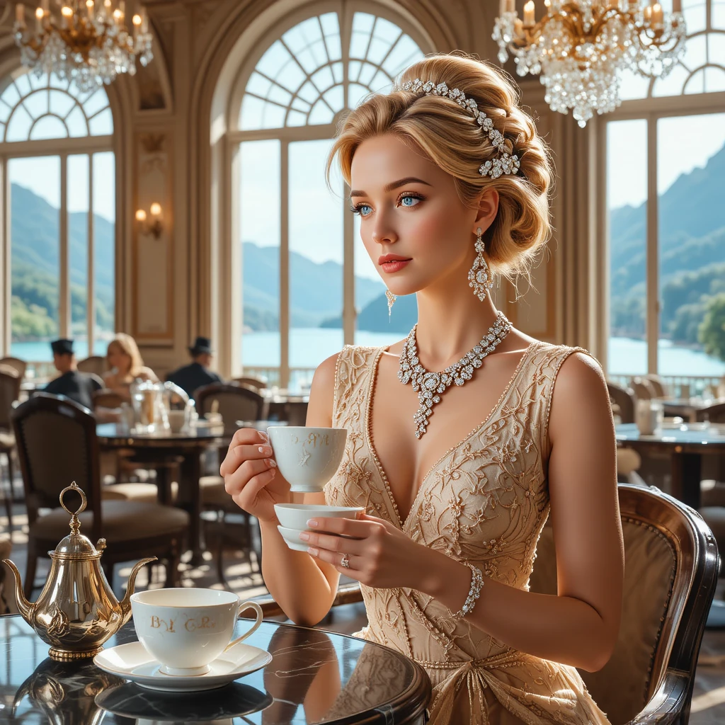 Elegant blonde woman in lace dress at luxury cafe