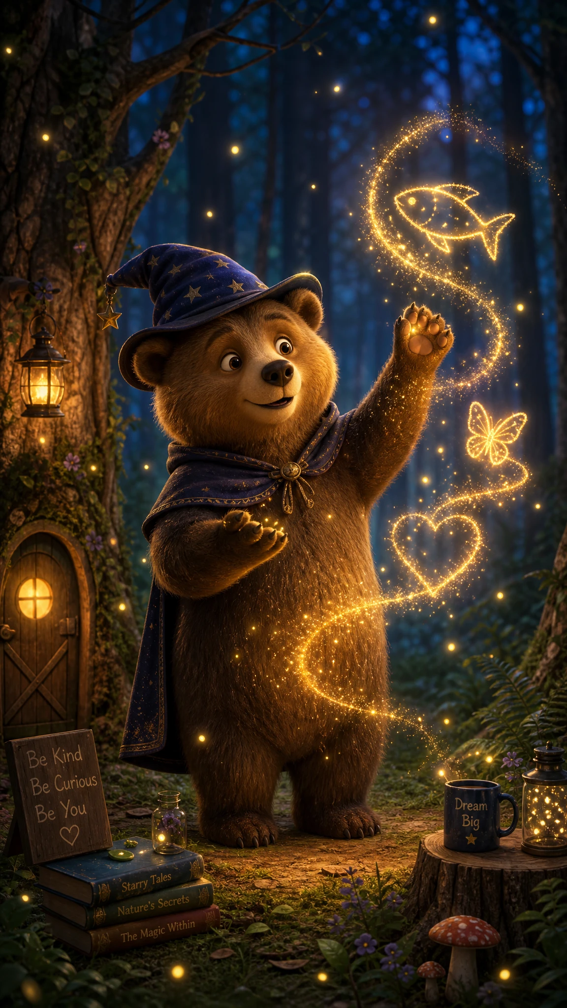 Orso fiabesco che fa magie in una tranquilla radura del bosco