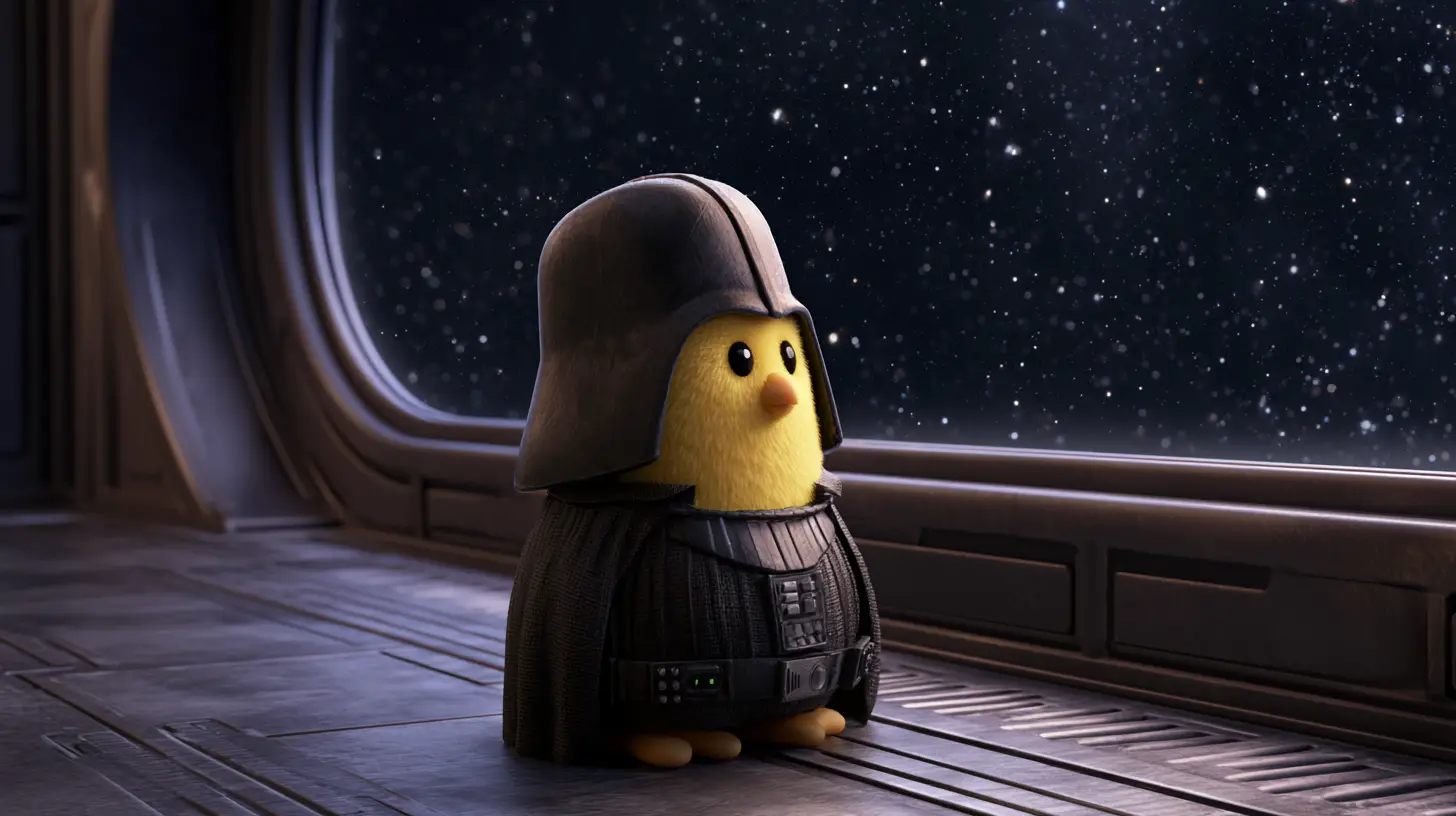 Adorable poussin jaune dans un minuscule costume de méchant de l’espace