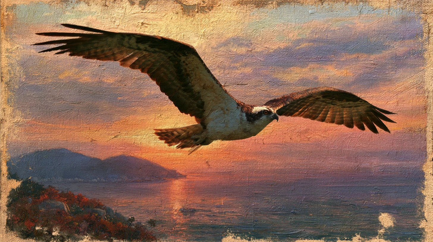 輝く夕焼け空の海上を舞うミサゴ