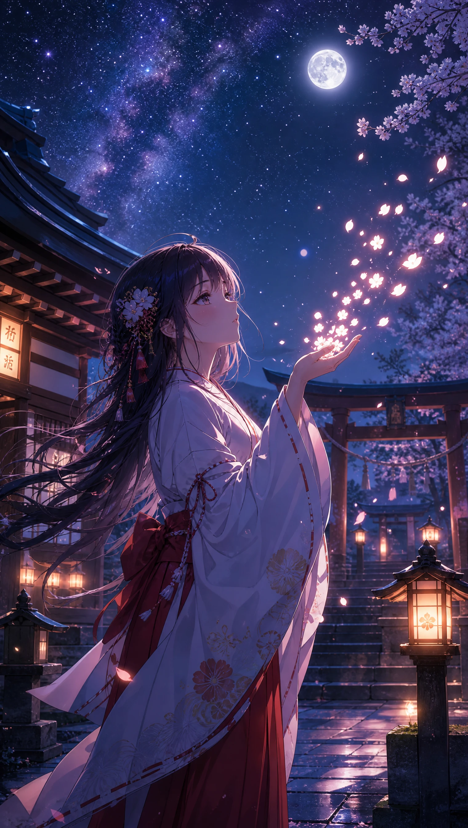 Anime shrine priestess with glowing petals at night