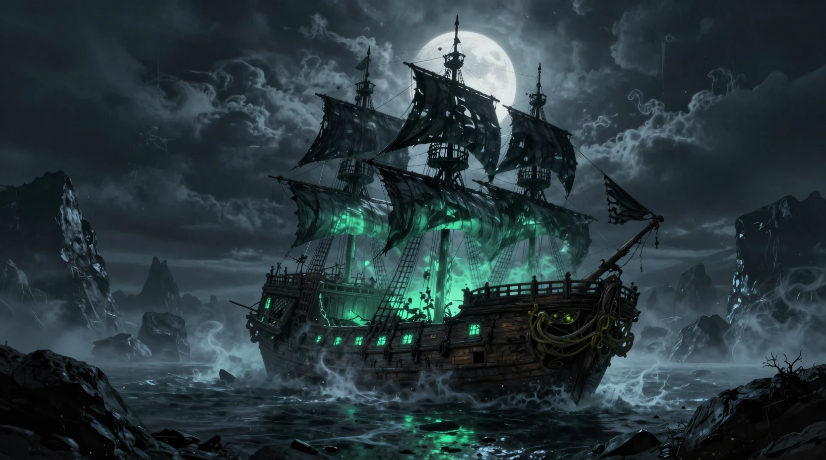 Naufrágio de navio pirata fantasmagórico brilhando em enseada tempestuosa à meia-noite